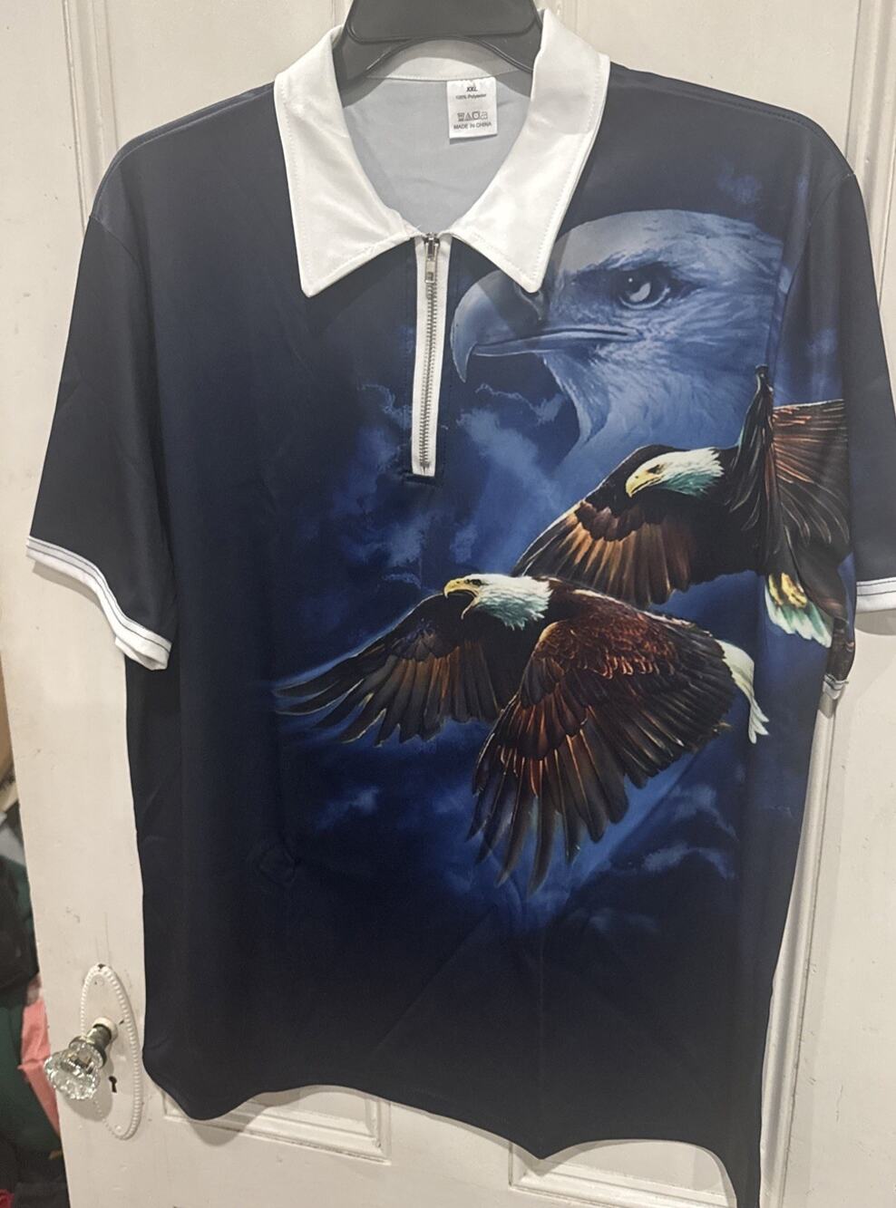 Mens XXL Bald Eagle All Over Print Quarter Zip Polo Shirt Patriotic Polyester